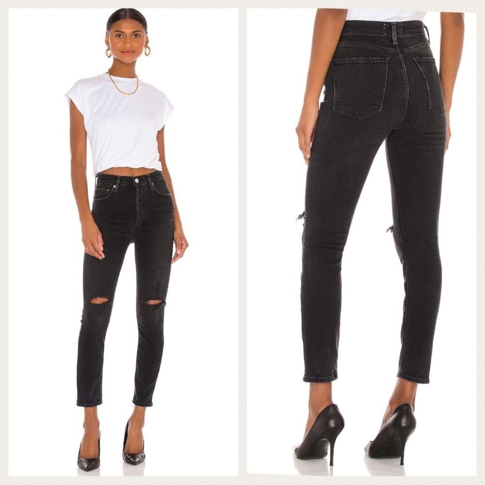 Agolde Nico High Rise Slim Jeans Button Fly Black  Distressed Size 25